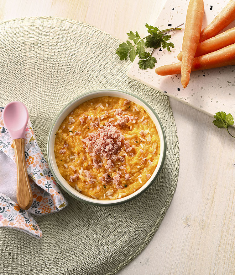 Potiron, carotte, riz, jambon (pour bébé) par louloute54. Une recette de  fan à retrouver dans la catégorie Alimentation pour nourrissons sur  , de Thermomix<sup>®</sup>.