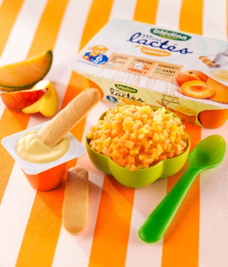 Salade melon-pêche, boudoirs et lacté abricot