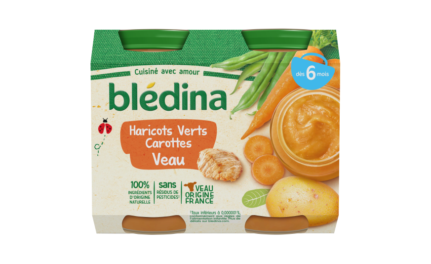 Petits pots Purée Haricots verts Carottes Veau pour bébé Dès 6 mois