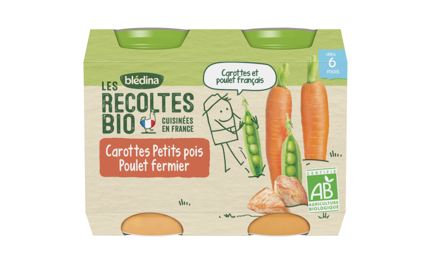 Petit Pot Bebe Bio Carottes Petits Pois Poulet Des 6 Mois Bledina