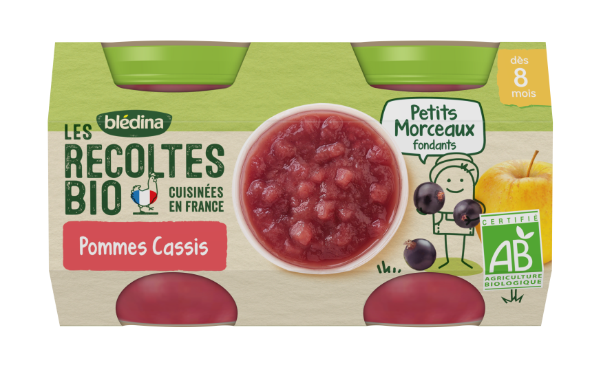 Les Recoltes Bio Puree De Fruits Avec Petits Morceaux Fondants Pommes Cassis Pour Bebe Des 10 Mois Bledina