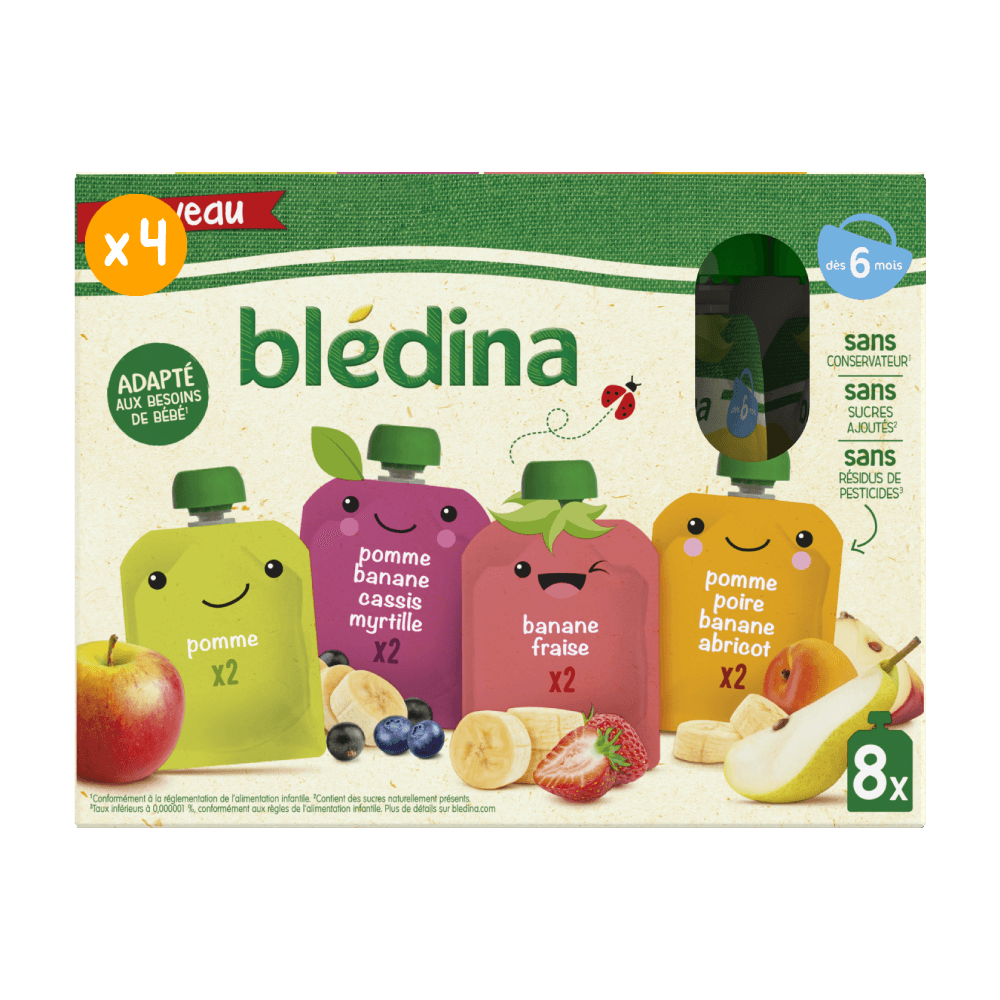 Gourdes Multi-Variété - Pomme, Cassis, Myrtille, Abricot, Fraise, Poire, Banane - Lot x 4