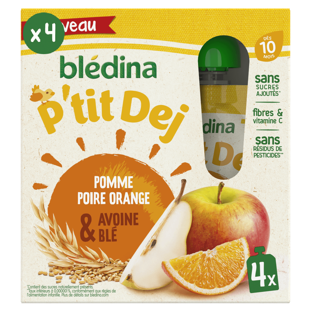 Gourdes P’tit Dej - Pomme Poire Orange Avoine Blé - 4x85g - Lot x 4