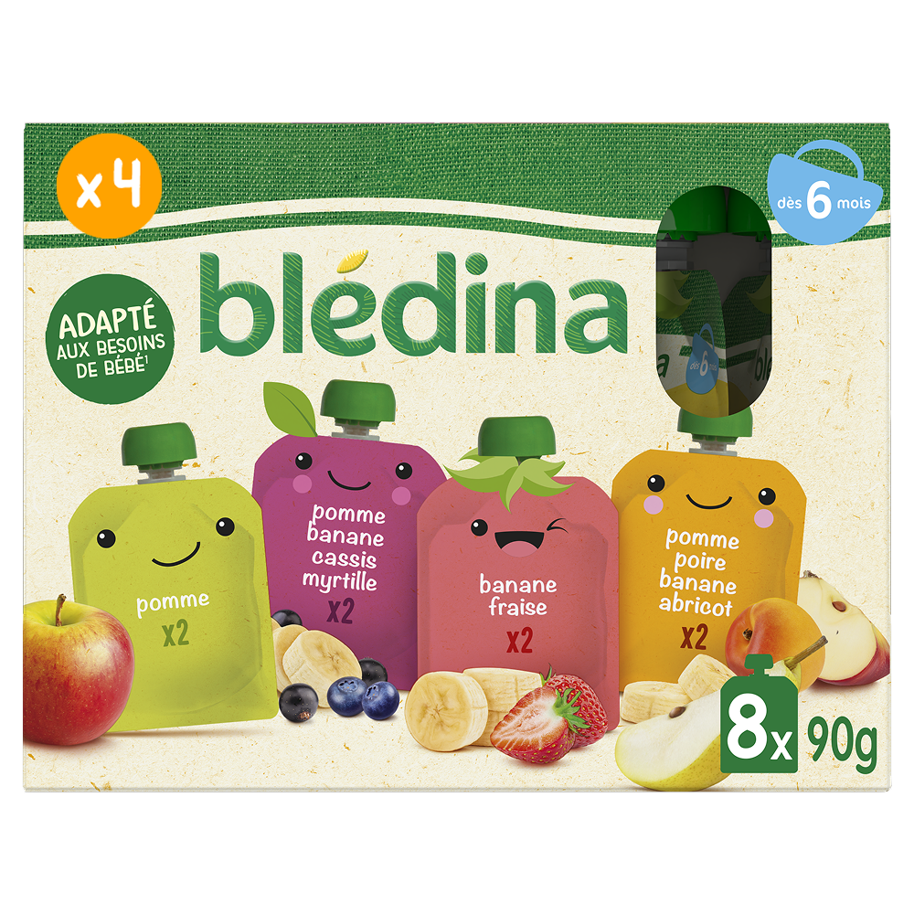 Gourdes Multi-Variété - Pomme, Cassis, Myrtille, Abricot, Fraise, Poire, Banane - Lot x 4