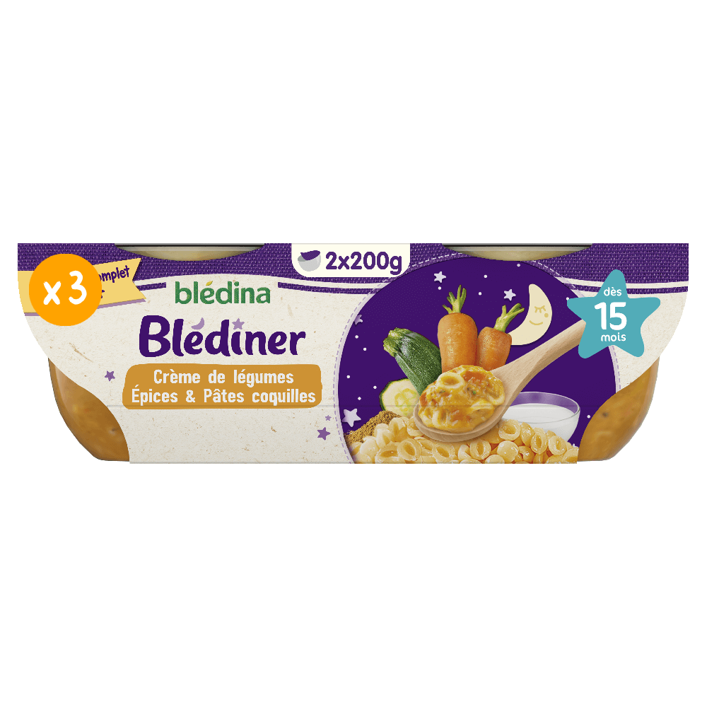 Blédîner - Crème de légumes Epices et Pâtes coquilles - Lot x3