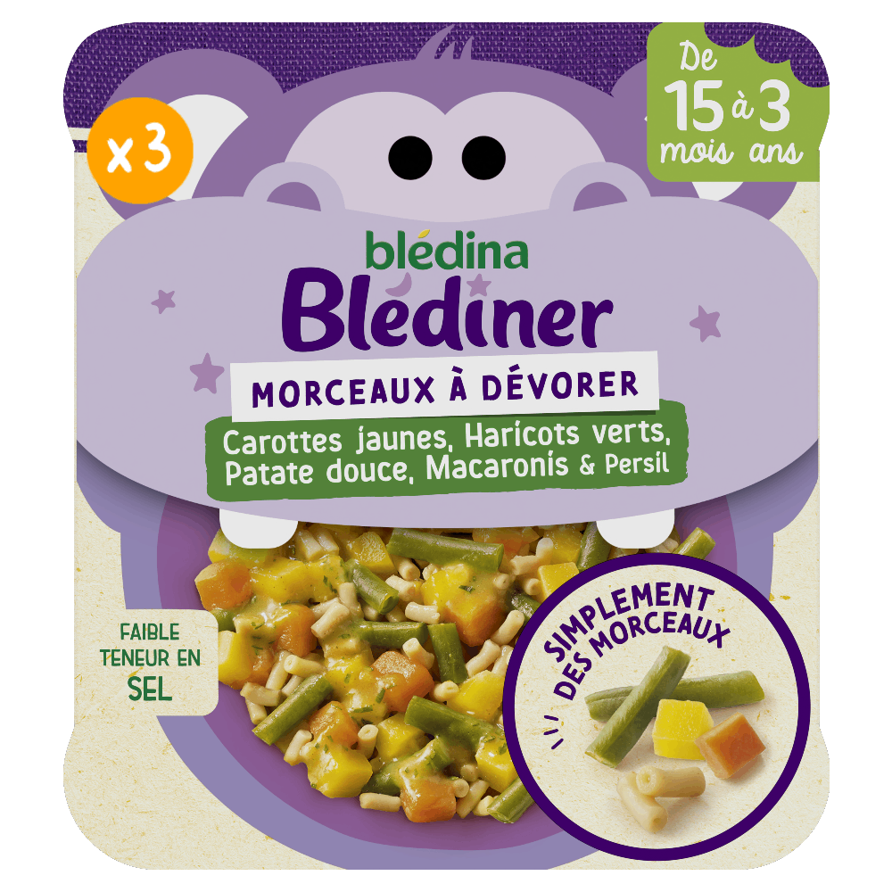 Blédîner Morceaux à dévorer - Carottes, Haricots verts, Patates douces, Macaronis & Persil Lot x3