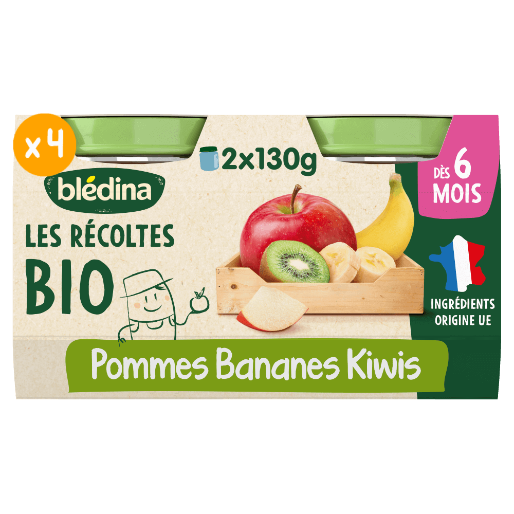 Petits pots Les Récoltes Bio - Pommes Bananes Kiwi - Lot x 4
