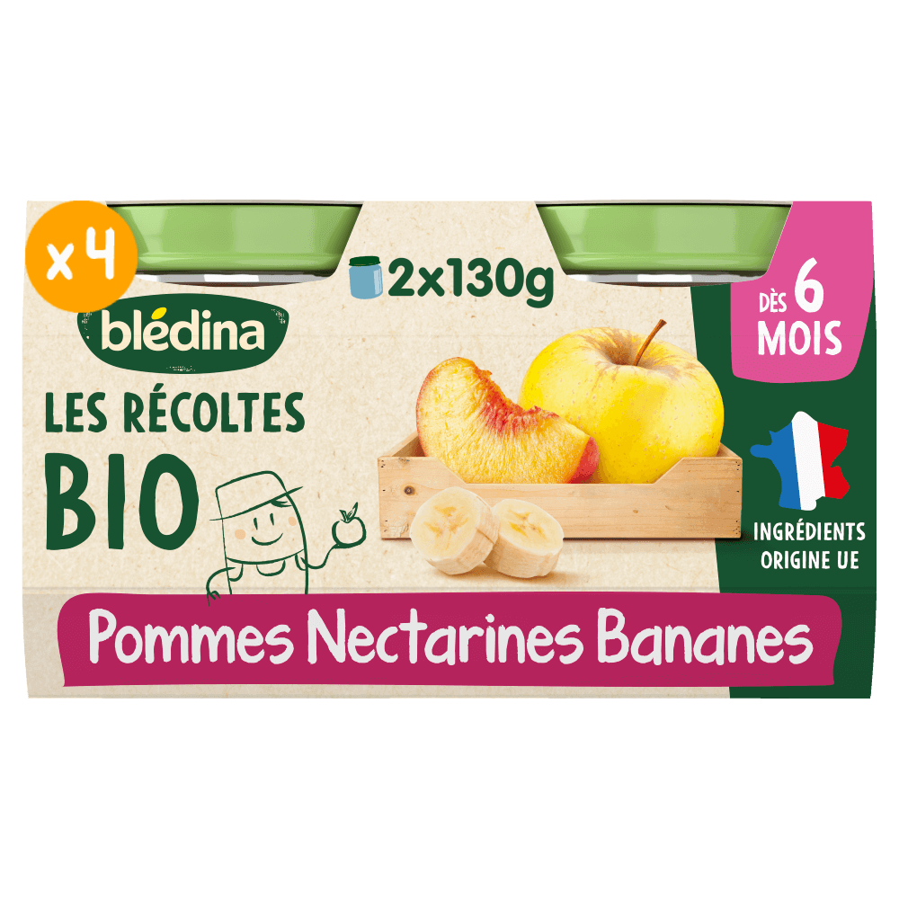 Petits pots Les Récoltes Bio - Pommes Nectarines Bananes - Lot x 4